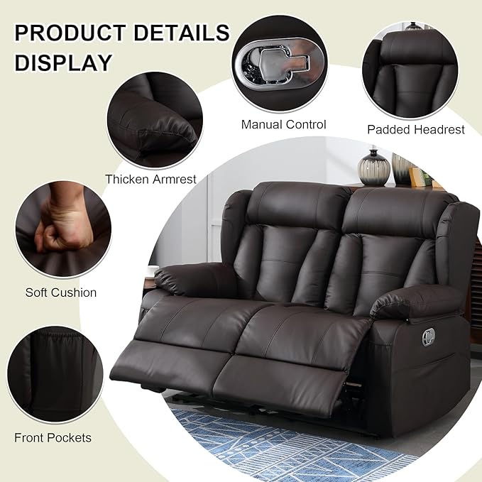 59" Manual Reclining Loveseat Sofa - Double Loveseat Recliner Chair with Side Pockets for RV Couch/Motorhomes/Living Room (Brown, Loveseat)
