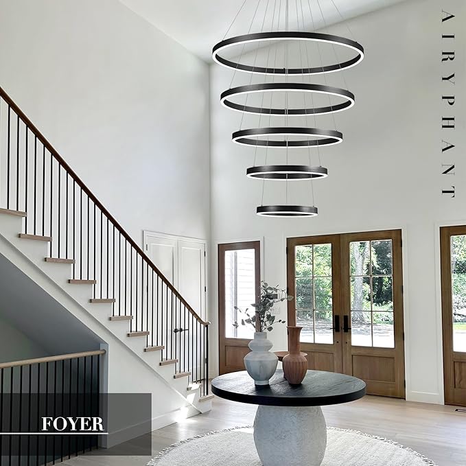 5-Ring Chandelier Black Modern LED Chandeliers High Ceiling 31" Large Foyer Chandelier Entryway Dimmable Pendant Light Fixture for Living Room Staircase, 3000K-6500K