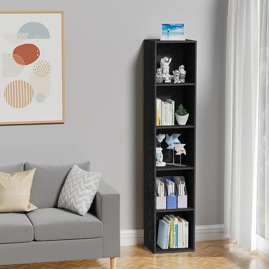 5 Tier Bookshelf, Open Tall Narrow Floor Standing Bookcase, Wooden Book Shelf Display Organizer for Home Office, Study (Black, 5 Cube)