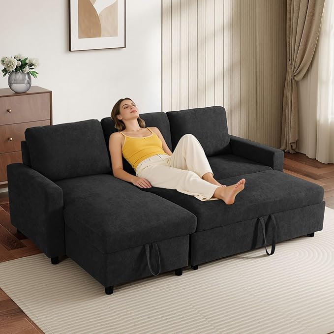 Yafylly L-Shaped Sleeper Sofa with Chaise Lounge & Storage, Pull-Out Couch Bed with Recliner, Full Size Futon for Living Room, Office, Apartment Black