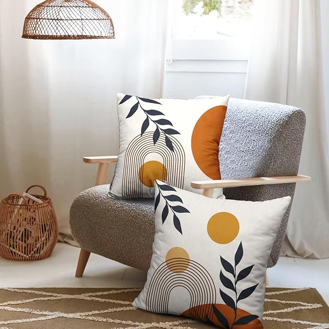 Boho Sun Throw Pillow Covers Mid Century Modern 20x20 Pillow Covers Set of 2 Geometric Abstract Leaves Outdoor Pillow Cases Minimalist Farmhouse Decorative Pillowcase for Home Couch Sofa