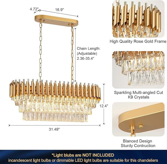 Modern Rectangular Chandelier Gold Crystal Chandeliers for Dining Room 8-Light Linear Ceiling Pendant Light Long 32” Luxury Oval Chandelier for Kitchen Island Living Room