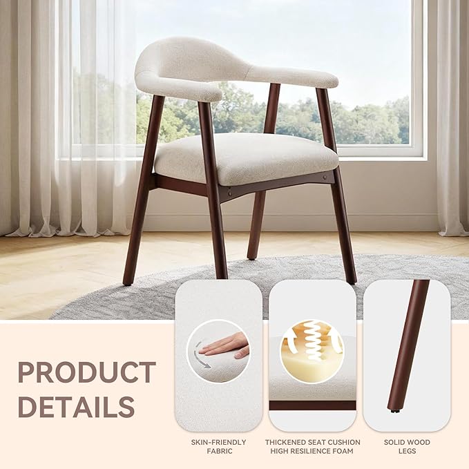 Wooden Dining Chair with Armrest Set of 6, Modern Fabric Upholstered Dining Room Chair with Curved Back and Wood Legs,Comfortable Accent Chairs for Kitchen Dining Room,Beige