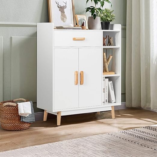 Giantex Floor Storage Cabinet, Freestanding Cupboard with 1 Drawer, 2 Doors, 3 Shelves, 4 Rubber Wood Legs, Sideboard, Entryway Unit for Home Office, Living Room, Storage Organizer (White)