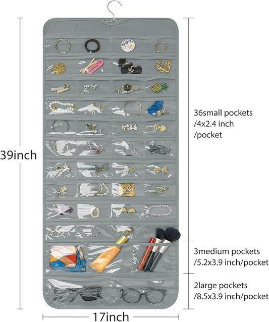 Bloss Hanging Jewelry Organizer With 90 Pockets,Earring Holder Organizer Storage For Valentine's Day Gift,Double-Sided Jewelry Holder for Earrings, Necklaces, Rings on Closet,Wall,Door(Grey)