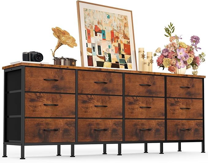 DUMOS TV Stand for Bedroom with Storage TV Stands for Living Room Rustic, 12 Drawer Dresser Farmhouse Entertainment Center for up to 80 Inch TVs, Media Console Table with Metal Frame Adjustable Feet