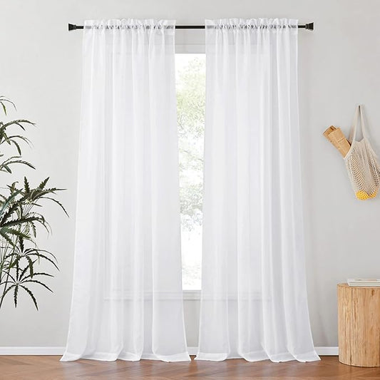 NICETOWN 90 inch Sheer Curtains for Living Room, Rod Pocket Elegant Voile Sheer Light Filtering Curtains Window Treatment for Doorway/Living Room, White, 1 Pair, W54 x L90
