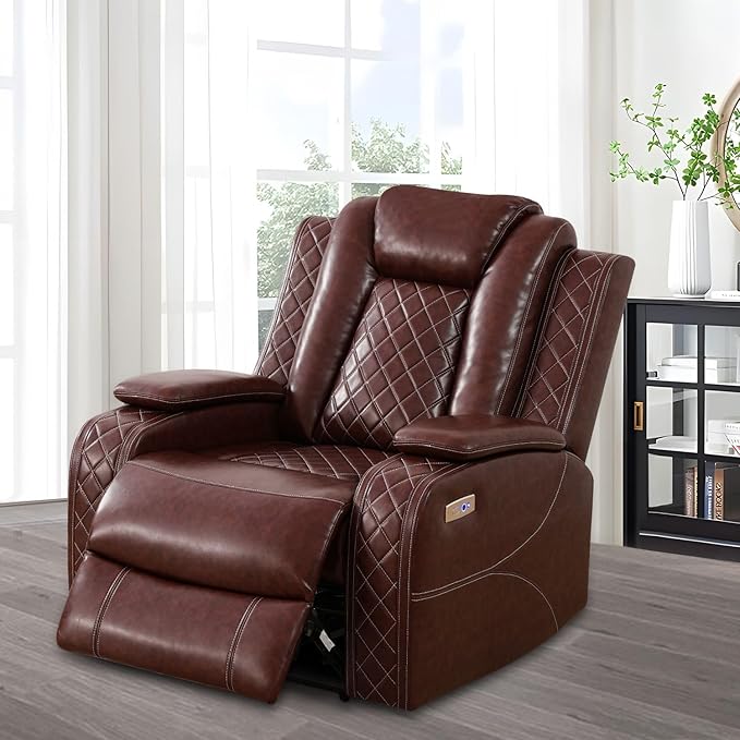 Power Recliner Sofa Set, Air Leather Reclining Couch with LED, Reclining Living Room Sofa and Loveseat Chair for House/Apartment/Office (Burgundy, LOVESEAT+2 Chairs)