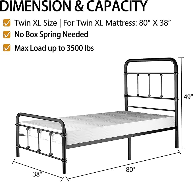 Twin XL-Bed-Frame with headboard Giselle-Vintage Antique-Metal - Platform Mattress Foundation,49 inch High,No Box Spring Needed(Black)