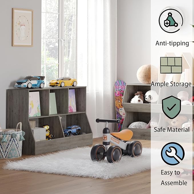 DINZI LVJ Toy Storage Organizer, Kids Bookshelf, Wood Toy Storage Cabinet, 5 Cubby Children Bookcase, 43.3" L Toddler Book Shelf for Playroom, Living Room, Nursery, Hallway, School, Gray Wash