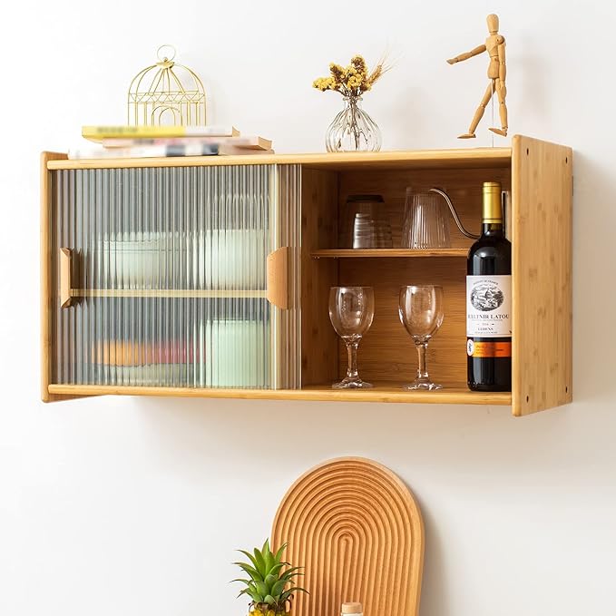 HollyHOME Small Bamboo Wall Mounted Kitchen Pantry Sideboard with 2 Doors and Adjustable Shelves, Coffee Wine Bar Storage Cabinet for Liquor and Glasses, Dining Cupboard for Bottle, Dish, Burlywood