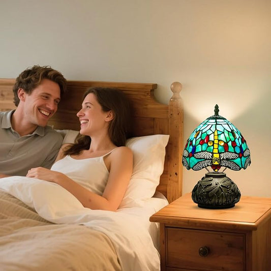 Small Tiffany Table Lamp,Stained Glass Lamp,8 Inch Mushroom Style Mini Vintage Desk Lights for Bedside, Bedroom,Nightstand,Living Room,3 Color Temperature (Green Dragonfly)