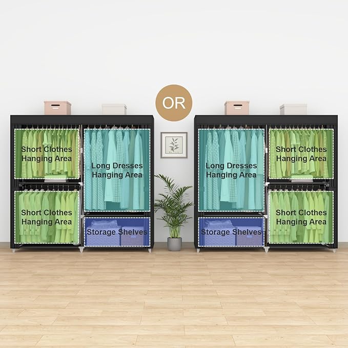 62.5" Closet Wardrobe, Portable Closet for Bedroom, Freestanding Clothes Rack with Non-Woven Fabric Cover, 3 Hanging Rods, 4 Storage Shelves, Clothes Storage Organizer, Black