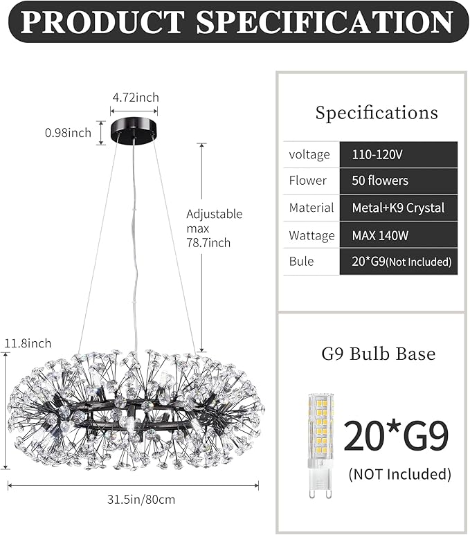 Modern Firework Chandelier, Farmhouse Black Crystal Round Dandelion Sputnik Chandeliers, 31.5" Contemporary 20-Light Pendant Hanging Lighting for Dining Room Kitchen Bedroom Living Room