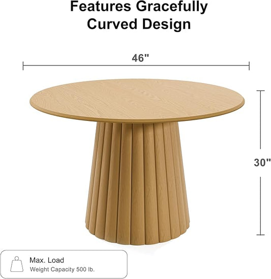 Casaphoria 46" Round Dining Table, Modern Wood Kitchen Table with Cone Shaped Strip Convex Base for Living Room & Dining Room, Easy Assembly Farmhouse Furniture for 4-6, Oak