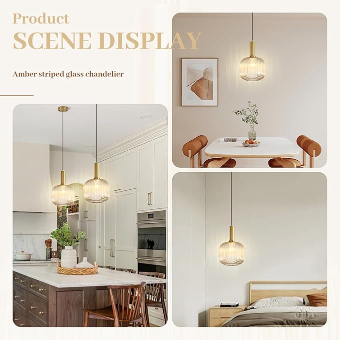 Amber Glass Pendant Light, Mid Century Modern Pendant Lights Kitchen Island, Vintage Gold 1-Light Ceiling Hanging Light Fixtures for Dining Room Bedroom Hallway Bar