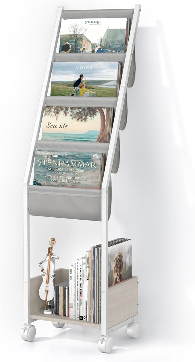 Keebofly Vinyl Record Storage, Record Holder Up to 100 Albums, Record Stand with 4 Tier Holder Display Shelf, Movable Vinyl Storage Organizer Rack, Record Cabinet for Book Magazine (White)