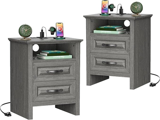 Marsail Nightstand Set of 2, Night Stand with Charging Station, Farmhouse Bedside Table with 2 Drawers, Open Shelf, Rustic End Table Storage Cabinet for Bedroom, Dark Gray