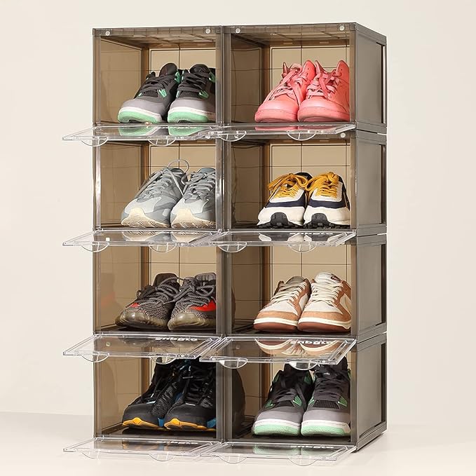 SupBro Collection Crate - Easy Access Storage Shoes Box -Plastic Foldable Stackable Sneaker Display Storage with Clear Front Door Organizer-8 Pack (Steel Flash)