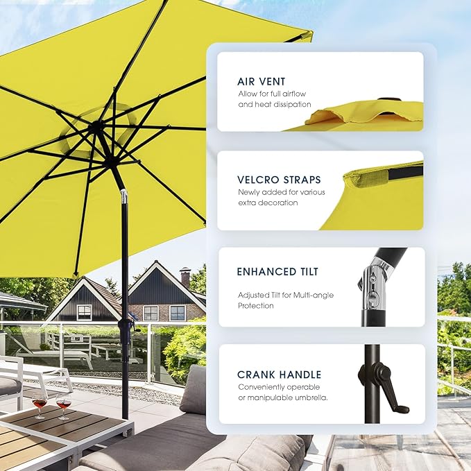 wikiwiki 9FT Patio Umbrella with Base, Outdoor Umbrellas with Base Included, 8 Sturdy Ribs, Waterproof Fade Resistant POLYESTER DTY Canopy for Deck, Lawn, Garden, Backyard & Pool, Yellow