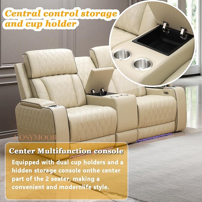 Power Reclining Sectional Sofa Set with LED Light,L Shaped Sofa Leather Sectional Set with 5 Recliner Seats,Modular Couch and Loveseat with USB Port,Cup Holder for Living Room Furniture