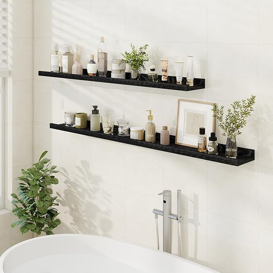 Floating Picture Ledge Shelves 55 Inch Solid Oak Wood Set of 2, Rustic Wall Storage Shelves with Lip, Kids Bookshelf, Photo & Picture Ledge Shelves for Bedroom, Living Room, Kitchen