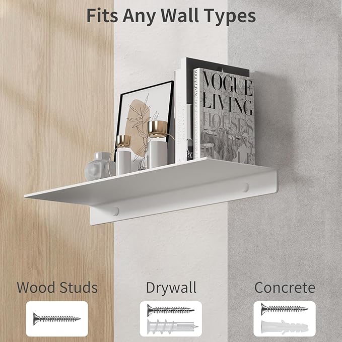 Danpoo White Floating Shelf for Wall Storage, Metal Wall Shelf for Living Room/Bathroom/Kitchen, Display Shelf for Collectibles, 16"