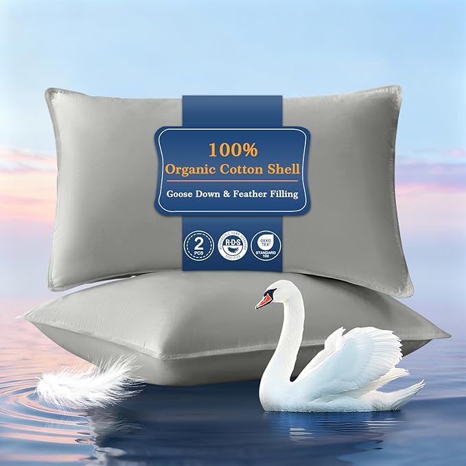 Goose Down Pillows King Size Set of 2, Hotel Quality Bed Pillow for Sleeping 2 Pack, 900 Fill Power Natural White Goose Feather Pillows with 700 TC 100% Organic Cotton Shell, 18"x36" Dark Grey