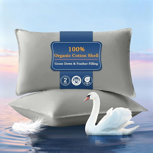 Goose Feather Down Pillows Queen Size Set of 2, Ultra Soft 100% Organic Cotton Fabric 700TC, 900 Fill Power Luxury Hotel Collection Bed Gusseted Pillows 2 Pack for Back, Stomach or Side Sleepers