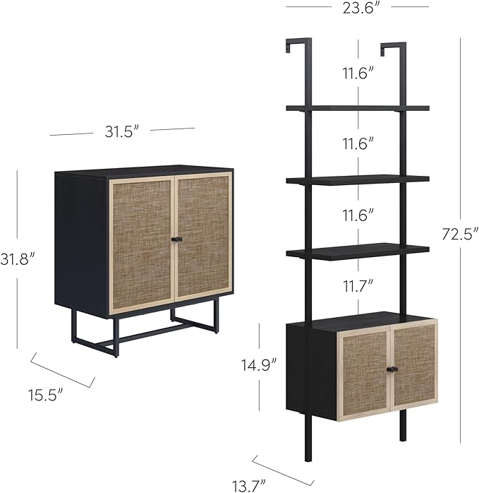 Nathan James Kova Boho Rattan and Wood TV Wall Shelving Unit Accent Storage Cabinet in Black Wood and Rattan with Metal Frame and Cane Doors, Black Oak/Cane