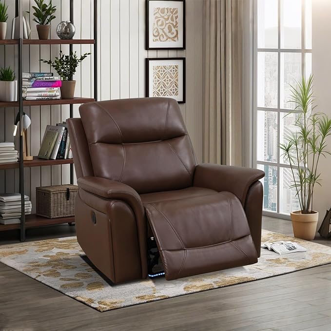 Power Recliner Chair for Living Room, Air Leather Reclining Chair with LED Lighting&USB for RV (Brown)