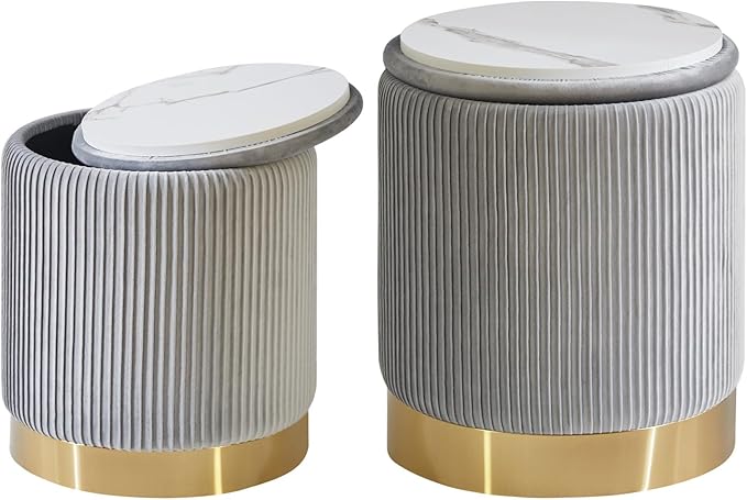 IBUYKE Round Storage Ottoman Set of 2 Ottoman for Dorm Vanity Stool with Storage Velvet FootStools End Table Boucle Ottoman for Home Organization Gray UWBD016G