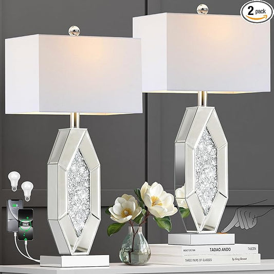 Hamucd 3-Way Dimmable Touch Diamond Crushed Mirrored Bedside Table Lamps Set of 2 for Living Room with USB A+C Ports,Tall Silver Modern Bling Nightstands Lamps for Bedroom with 2 Bulbs (Chrome)