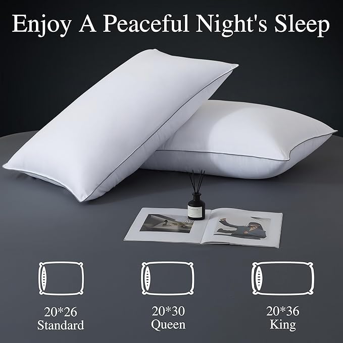 WhatsBedding Goose Down Pillows Standard Size Set of 2, Luxury Hotel Bed Pillows for Deep Sleep, Fluffy Soft Feather Down Pillow for Back, Stomach or Side Sleepers, 20" x 26"