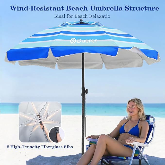 Duerer 7.5FT Beach Umbrella with Sand Anchor–Heavy Duty Windproof UPF 50+ Sun Shade, Portable Travel Beach Umbrella with Tilt & Carry Bag for Beach, Sand, Garden, Patio, Pool