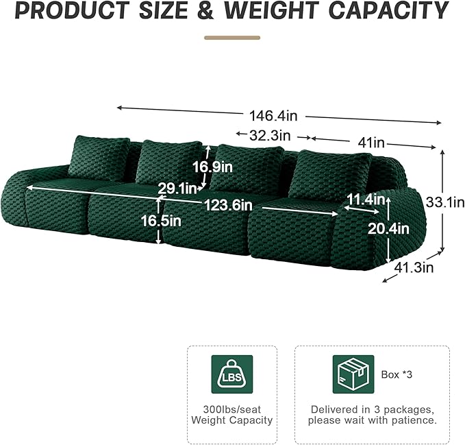 KEIKI 146" Oversized 4-Seater Boneless Couches for Living Room, Comfy Deep Seat Modular Sectional Velvet Sofa, Cloud Soft Cushion No Assembly Lounge Couch for Relaxing, Modern Comfort Design, Green