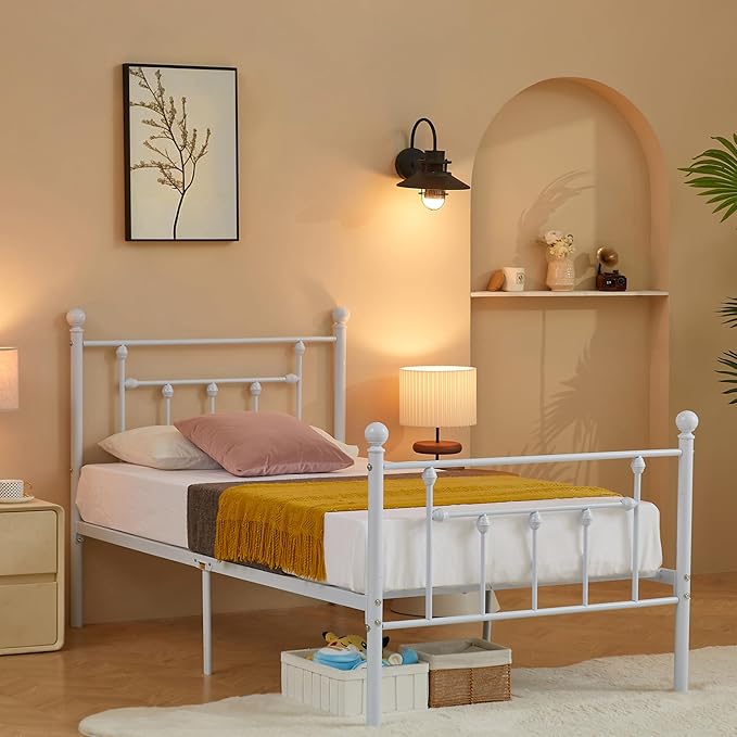 VECELO Twin Size Metal Platform Bed Frame with Headboard and Footboard, Heavy Duty Slat Support/No Box Spring Needed Mattress Foundation/Underbed Storage Space, Victorian Style