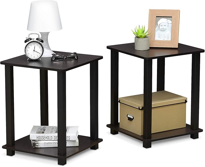 Furinno SIMPLISTIC Side Table Set of 2, 2-Tier Square Modern End Table, Nightstand, Night Stand, Bedside Table, Toolless Assembly, for Living Room, Bedroom, Dark Walnut