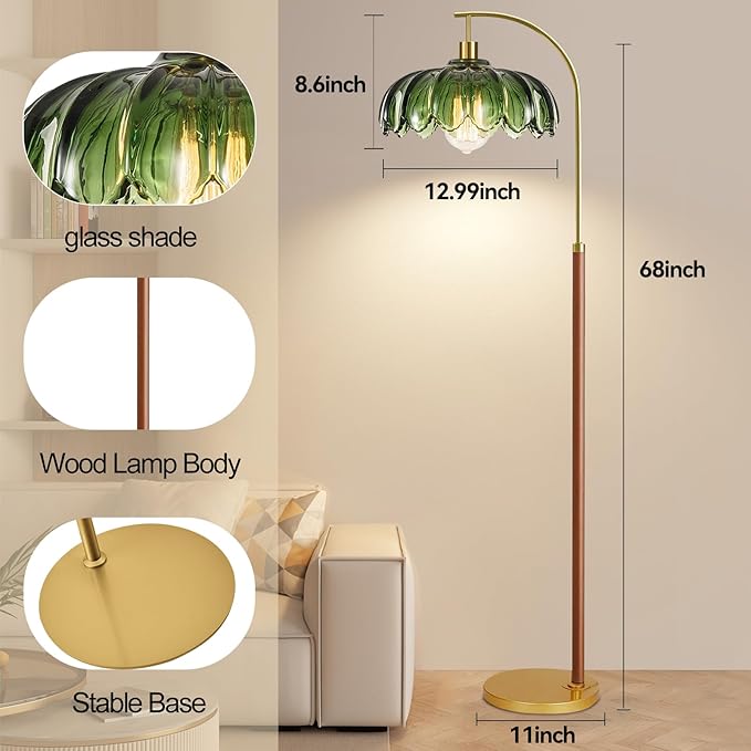 Wood Floor Lamps for Living Room,Gold Floor Lamp with Remote Control & Glass Lampshade,Arc Flower Lamp Dimmable Mid Century Modern Standing Lamp Vintage Brass Tall Floor Lamp For Bedroom Corner