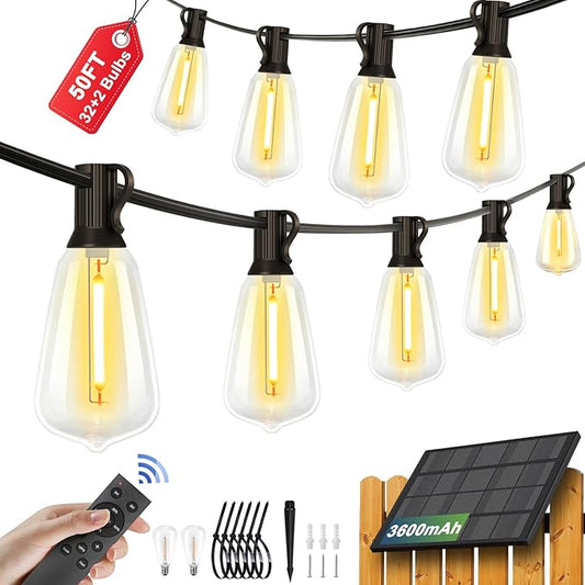 50FT Solar String Lights with 32+2 LED Bulbs (1.5FT Bulbs Spacing), Patio String Lights Whith Remote, IP65 Waterproof, 3600mAm Battery, Zipper & Screw for Setup Outside Garden Backyard Decor