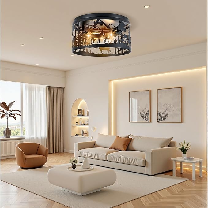 Farmhouse Rustic Ceiling Light Fixtures - Deer & Horse Design, 2-Light E26 Round Metal Fixture for Kitchen, Bedroom, Foyer, Entryway, Lodge (Bulbs Not Included)