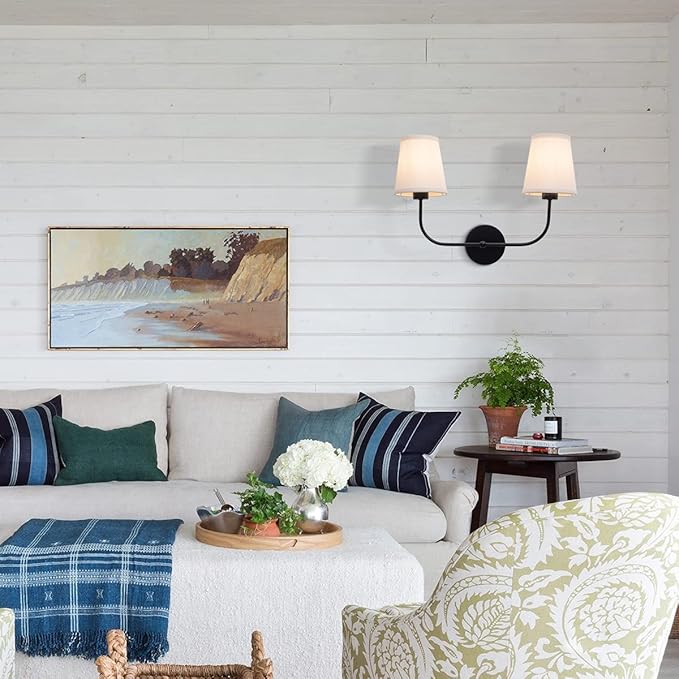 VILUXY Vintage Double Sconce Antique Wall Sconces Bedside Wall Lighting Fixture with Off-White Fabric Shade for Bedroom, Hallway, Entryway, Passway, Bathroom, Vanity 2-Light