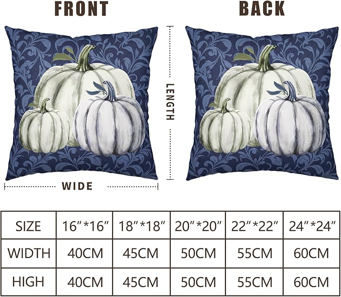 Fall Decorative Throw Pillow Covers 16 x 16 Inch Set of 2 Navy Blue White Pumpkin Outdoor Pillow Covers Autumn Thanksgiving Harvest Cushion Case for Farmhouse Living Room Decor