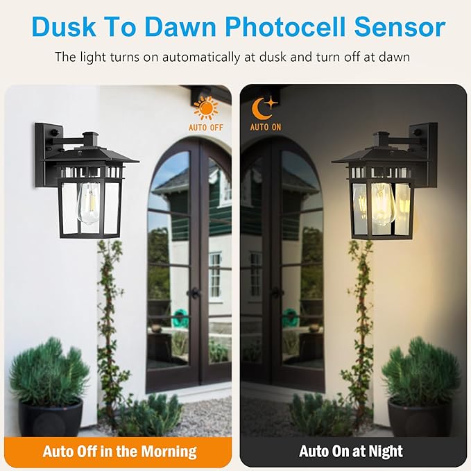 Dusk to Dawn Outdoor Wall Lights, Black Porch Lights with Rust-Resistant Aluminum & Tempered Glass, Exterior Lighting Fixtures 10.4" 2-Pack for House Patio Garage Front Door