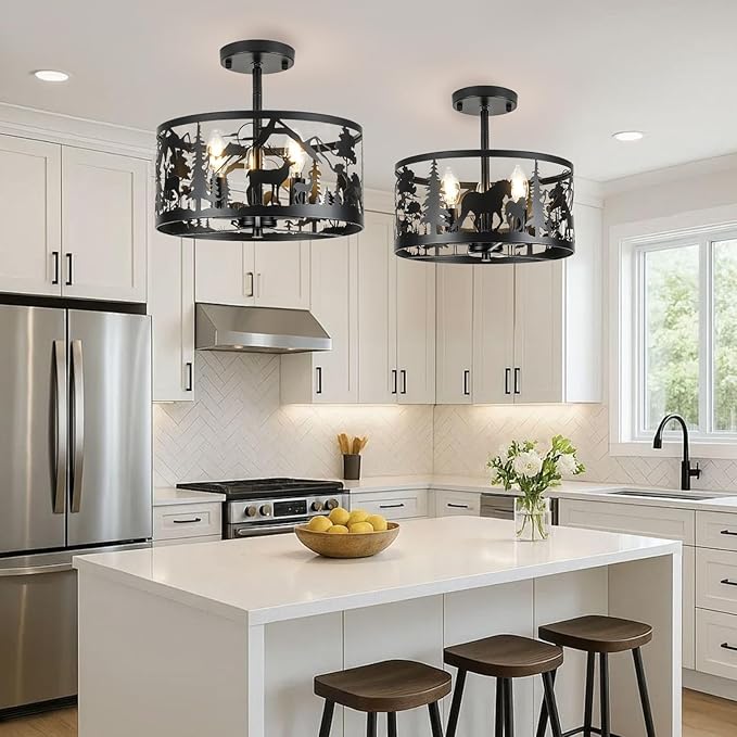 Farmhouse Rustic Ceiling Light Fixtures-Deer & Horse Design, 3-Light Round E26 Base Black Metal Fixture for Kitchen, Living Room,Foyer, Bedroom, Hallway(Bulbs not Included)