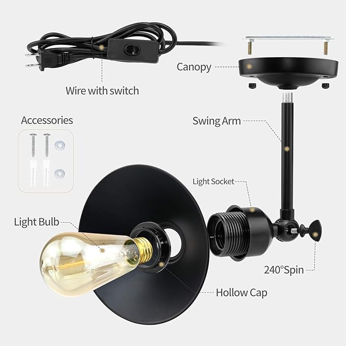 Plug in Wall Sconce, Black, Antique Swing Arm Vintage Industrial Light Fixture, Wall lamp with Plug in Cord On Off Switch E26 Base for Bedroom Bathroom Kitchen 2 Pack