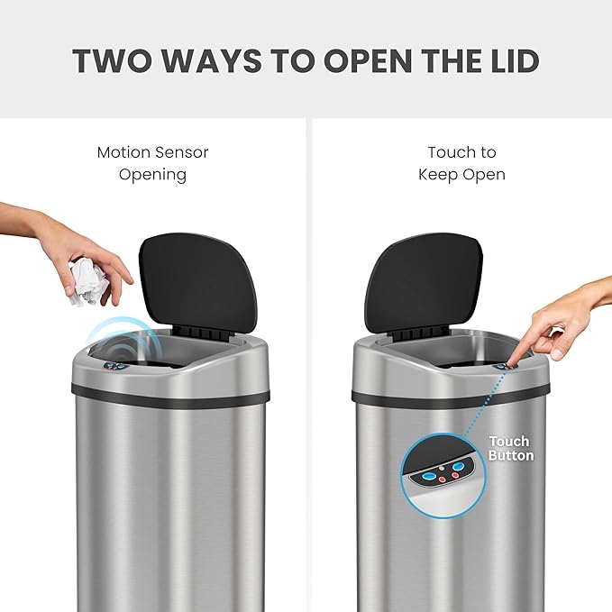 iTouchless 13 Gallon Sensor Trash Can on Wheels with Odor Filter, 50 Liter Automatic Kitchen Garbage Bin, Oval Fingerprint-Proof Stainless Steel, Hands-Free Motion Lid, Brushed Silver