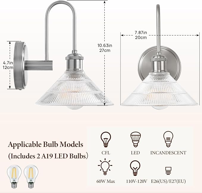 Wall Sconce Set of 2, Nickel Vintage Light Fixtures with Round Clear Glass Lampshade, Hardwired Sconces Wall Lighting for Bedroom, Bathroom, Living Room | Includes 2 LED Bulbs