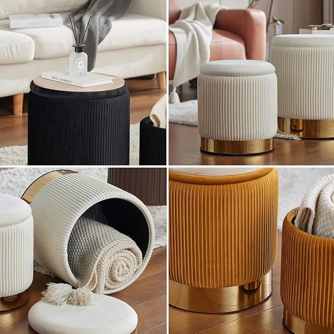 Green Velvet Round Storage Ottoman Set of 2 - Living Room & Bedroom Dorm Storage Ottoman Stool Accent Chairs with Modern Gold Base