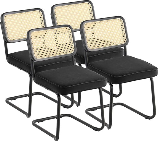 VEVOR Rattan Dining Chairs Set of 4, Mid Century Modern Dining Chair, Upholstered Velvet Accent Chair with Rattan Back, Retro Dining Room Kitchen Chair for Living Room, Bedroom (18.1 Inch)